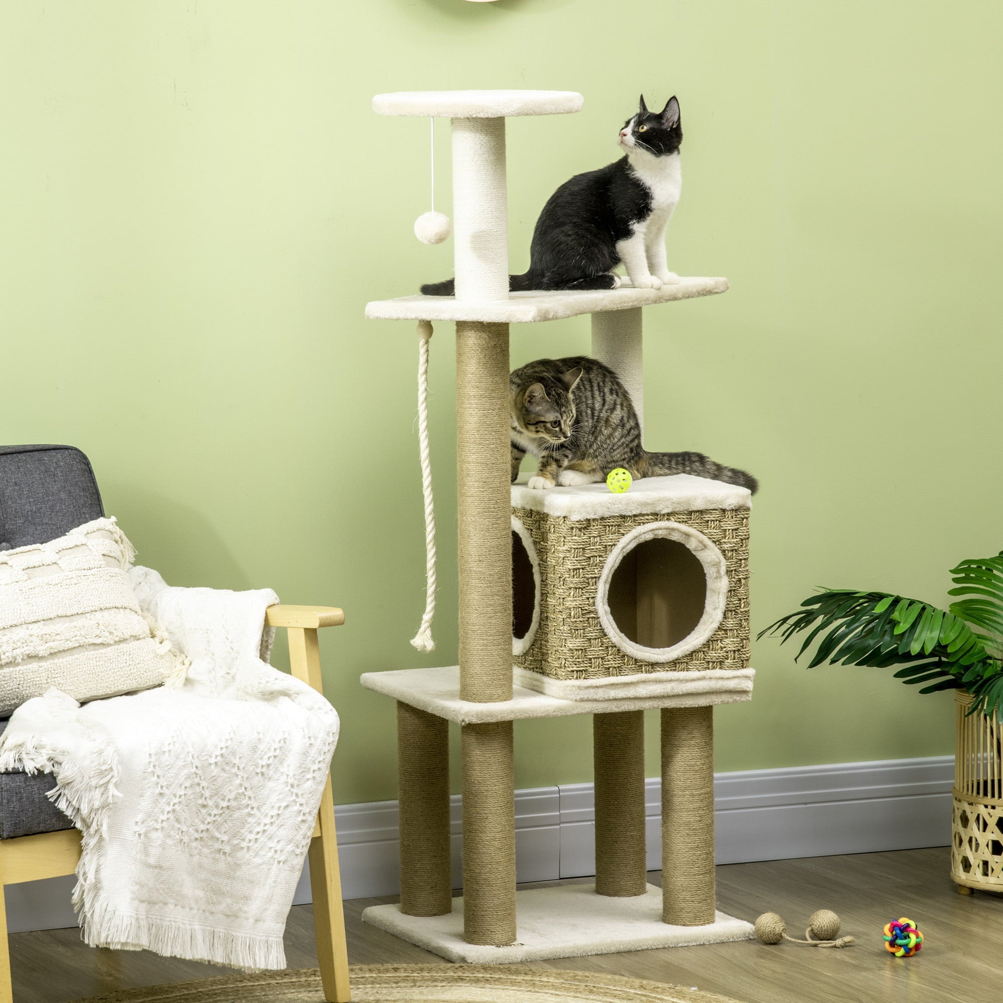 PawHut Modern Cat Tree with Scratching Posts and Rattan Cat House, Small Cat Tower for Indoor Cat Furniture, Beige