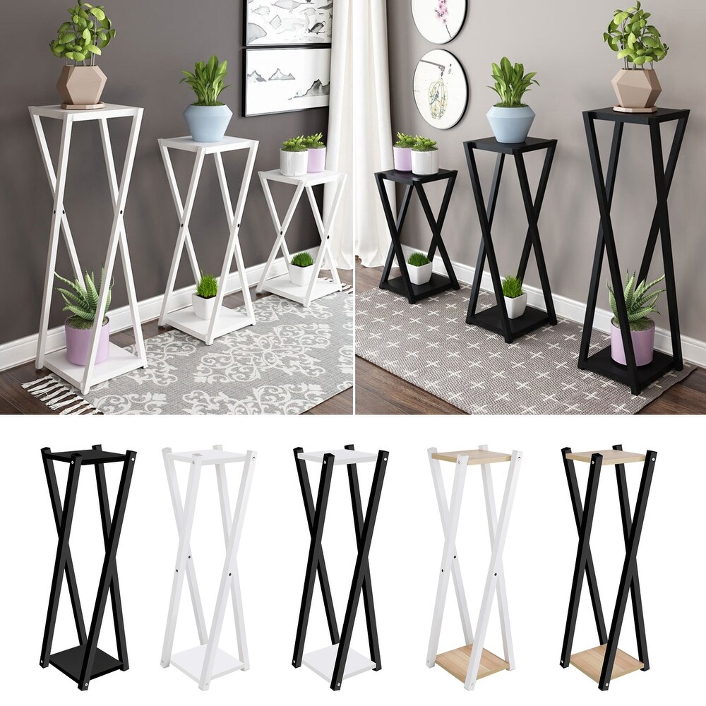 2 Tier Wood Metal Plant Stand Flower Pot Holder Rack Display Shelf