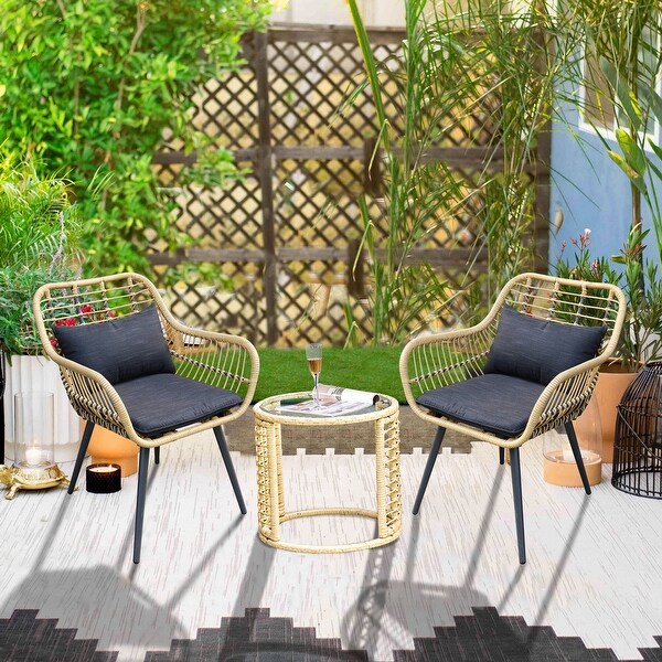 3-Piece Cushioned Bistro Set Patio Wicker Chair and Side Table - Overstock - 33999428