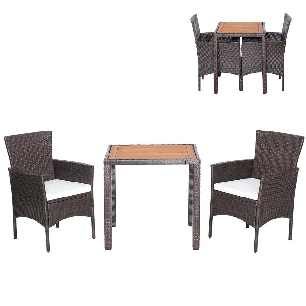 Costway 3pcs Patio Wicker Dining Set Acacia Wood Table Top With Cushioned Chairs Garden