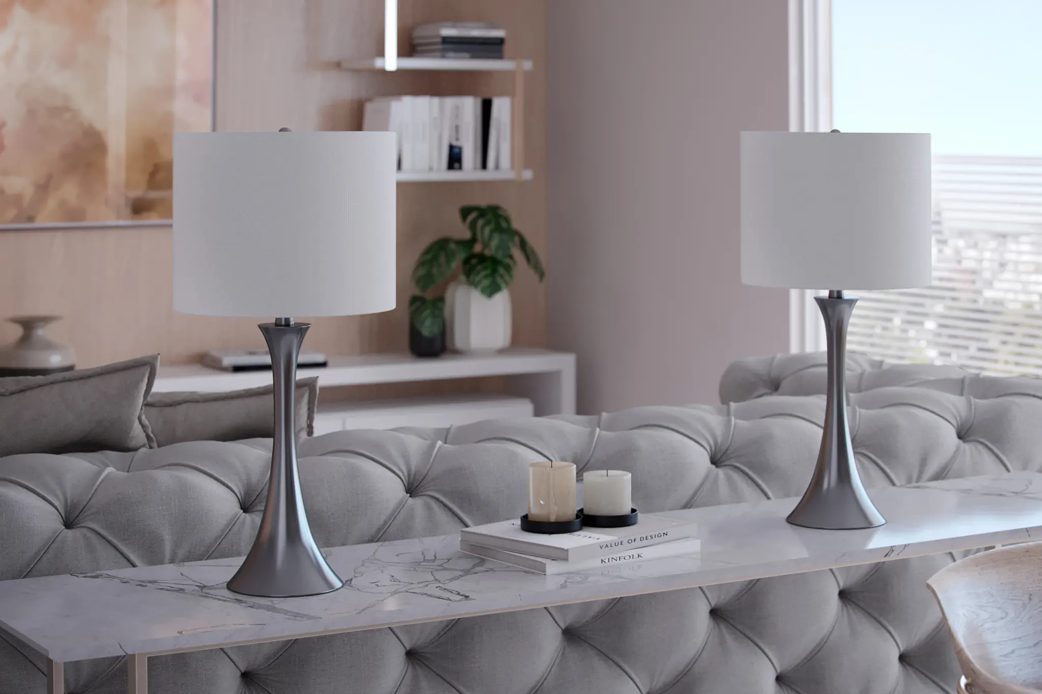 Lenuxe Nickel Table Lamps with White Shades， Set of 2