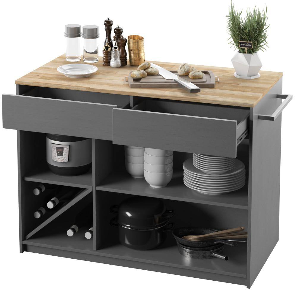 Twin Star Home Antique Gray Kitchen Island with Wine Shelves KI6924-PG22