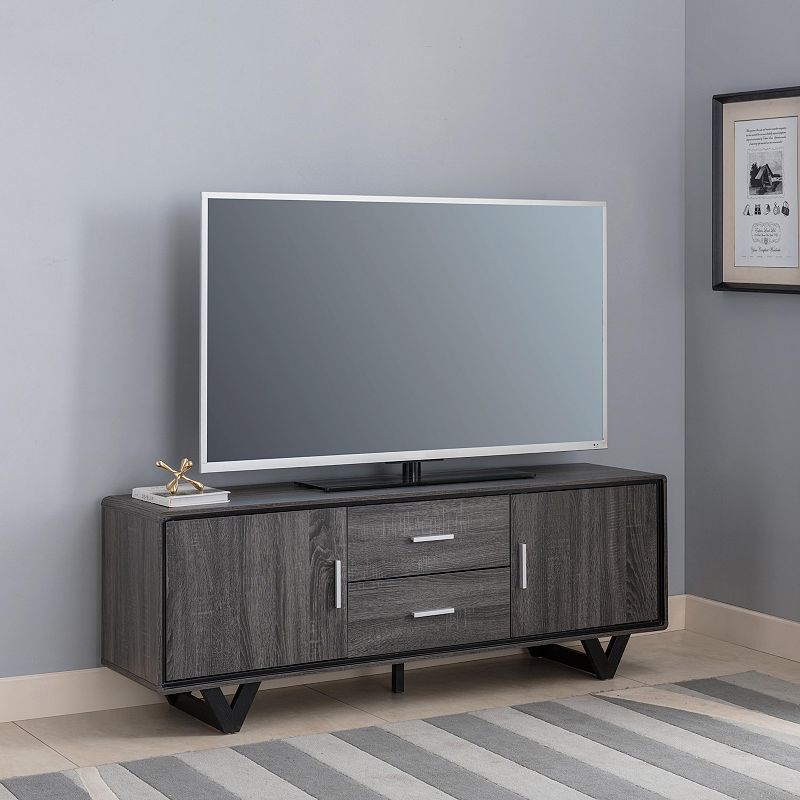 FC Design Distressed Grey and Black 60W TV Stand with 4 Drawers and  2 Shelves