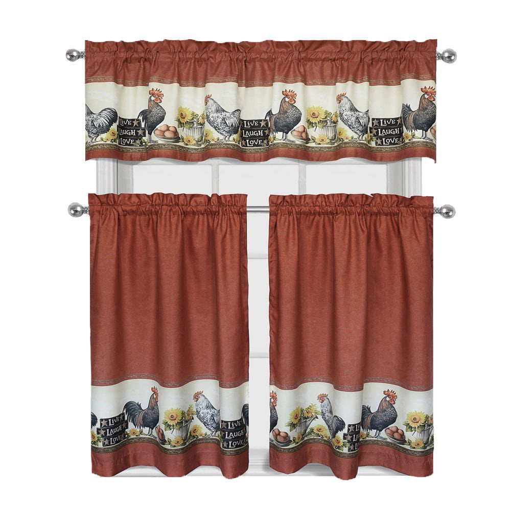 Roosters & Sunflowers Live~Laugh~Love Complete 3 Pc. Kitchen Curtain Tier & Valance Set