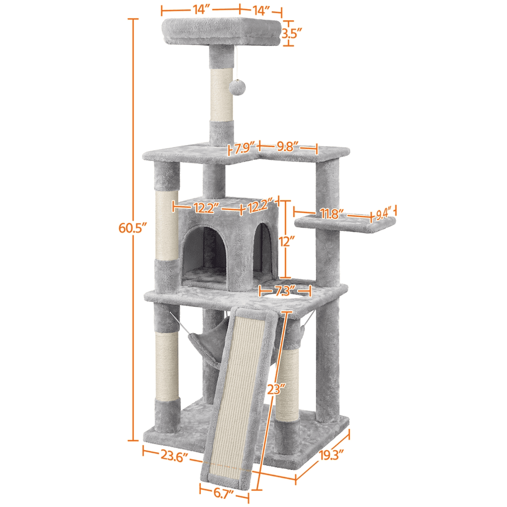 Easyfashion 60.5-inch Cat Tree Cat Tower With Condo， Light Gray