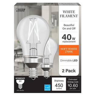 Feit Electric 40-Watt Equivalent A15 E17 Intermediate Dim White Filament CEC Clear LED Ceiling Fan Light Bulb Soft White 2700K(2-Pack) A1540N927CAWFILHDRP2