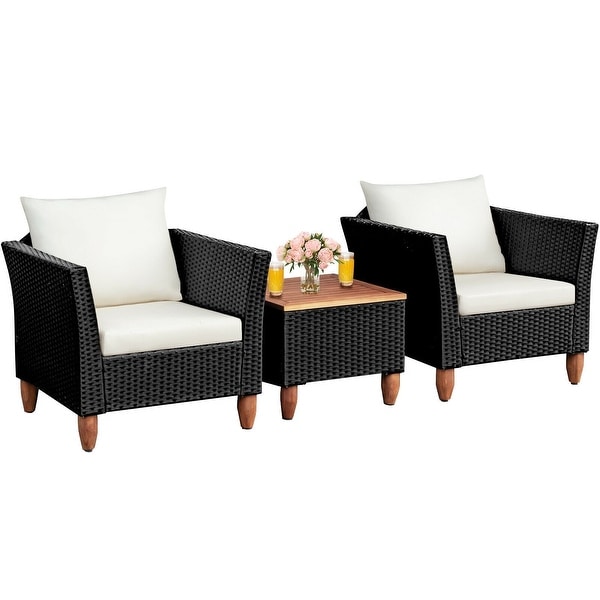 3 Pcs Outdoor Patio Rattan Furniture Set Wooden Table Top Cushioned Sofa