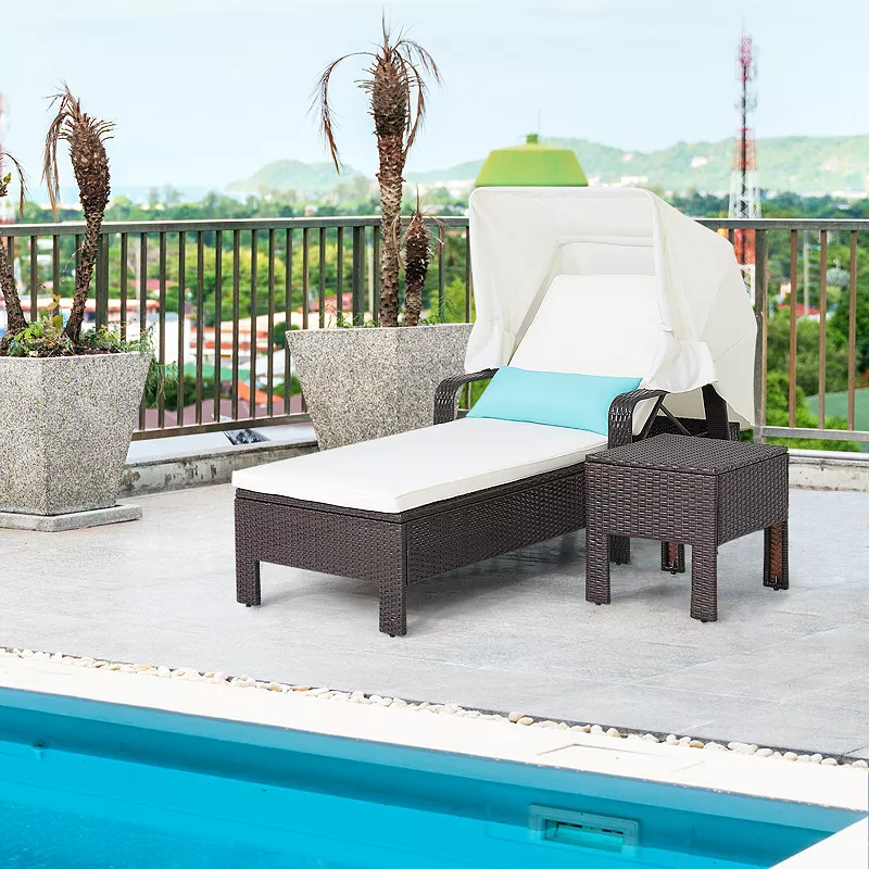 Outdoor Chaise Lounge Chair and Table Set with Folding Canopy and Armrests