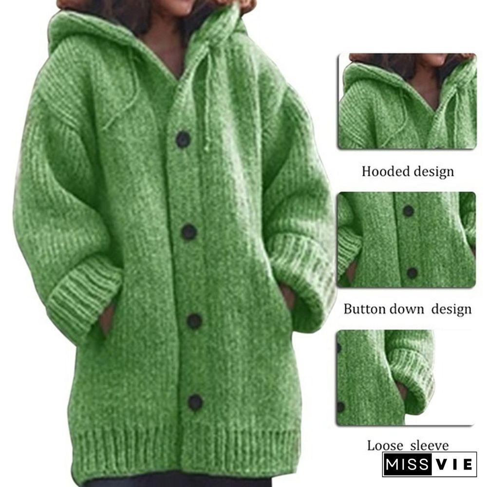 New Autumn Fashion Women Winter Coat Knit Hooded Sweater Loose Mid-length Button Up Knitted Cardigan Jackets for Women Outwear vestidos mujer casacos de inverno feminino