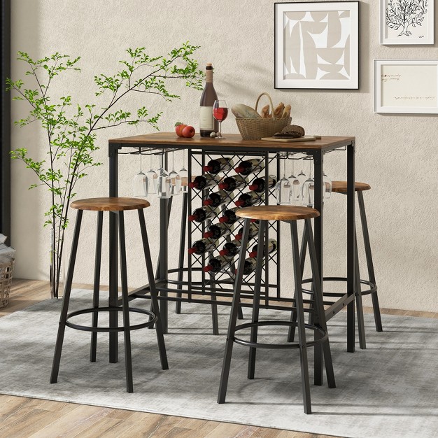 Tangkula 5 piece Bar Height Dining Set 4 person Bar Table And Stools Set With Wine Racks amp Glass Holders Home Kitchen Breakfast Table Set