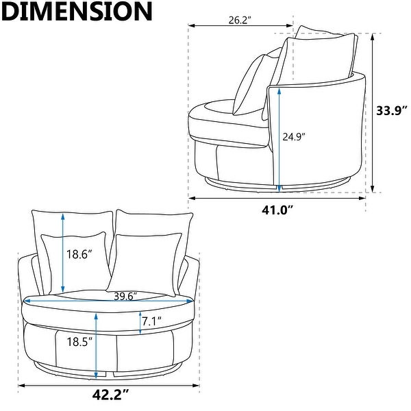 42.2W Swivel Accent Barrel Chair With 4 Pillows， Removable Seat Cushion and Backrest， Chenille Fabric Round Sofa