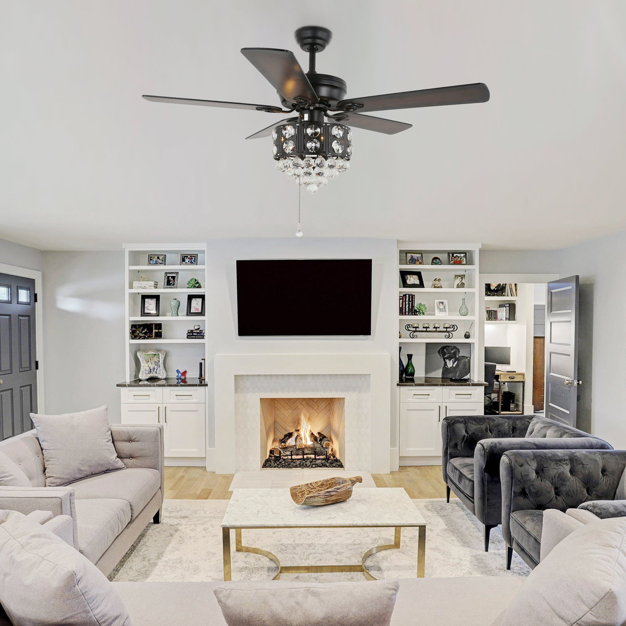 Oaks Aura 52 Inch 5-Blade Crystal Reversible Ceiling Fan with Pull Chain and Remote Control 3-Speed