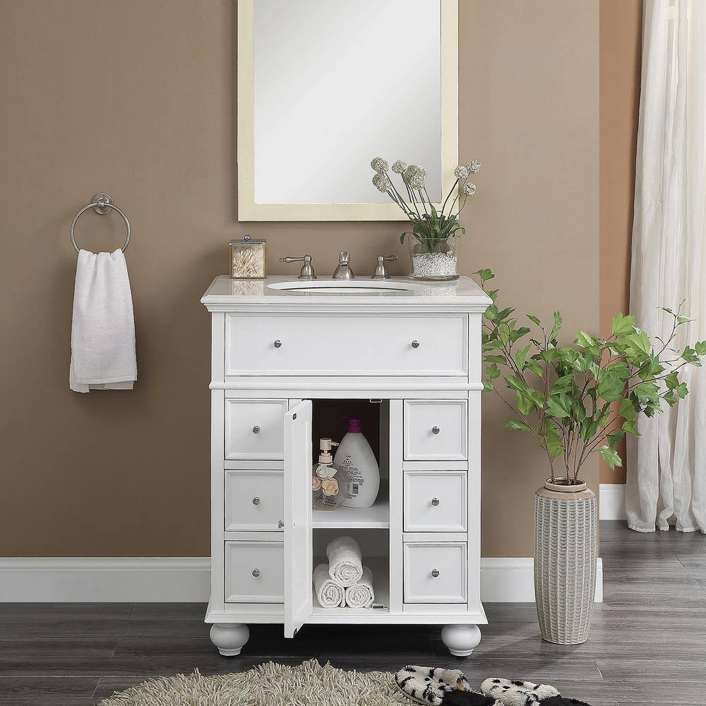 Home Decorators Collection Hampton Harbor 28 in. W x 22 in. D Bath Vanity in White with Natural Marble Vanity Top in White BF-22267-WH