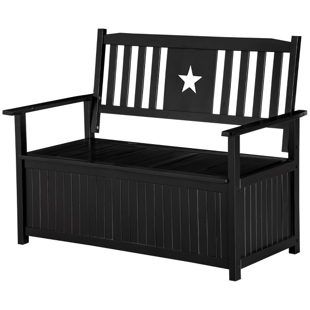 Outsunny Outdoor Wooden Storage Bench Deck Box Wood Patio Furniture 43 Gallon Pool Storage Bin Container With Cloth Backrest Armrests Star Black