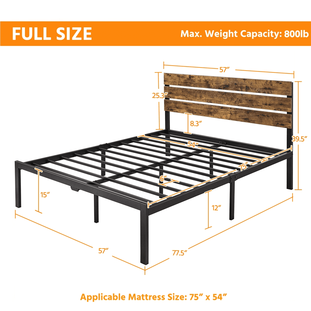 SMILE MART Wood Slat Headboard Black Metal Platform Full Bed, Brown Wood