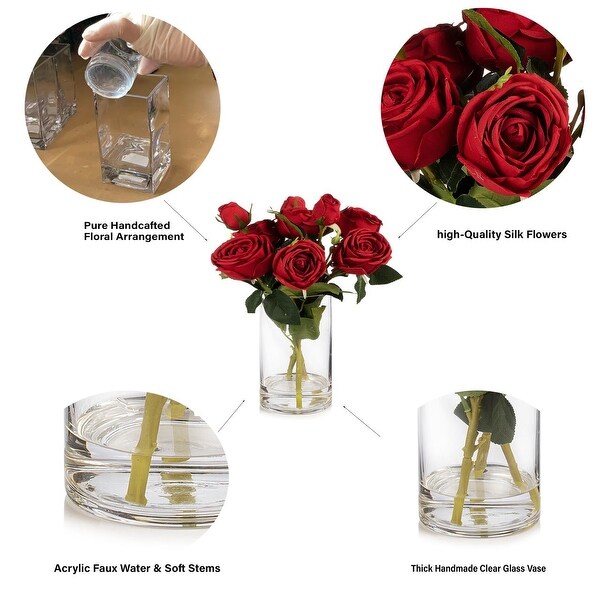 Enova Home Artificial Silk Rose Flowers in Clear Glass Vase with Faux Water for Home Office Wedding Decoration