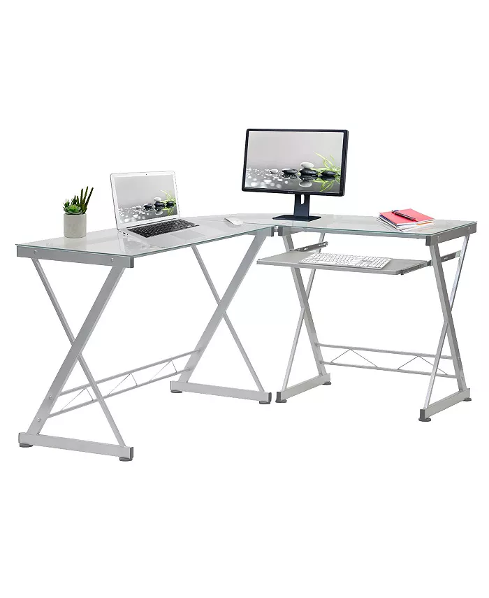 RTA Products Techni Mobili L-Shaped Glass Top Computer Desk