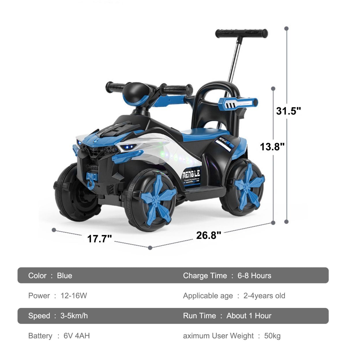 Track 7 Kids Ride on ATV,4-Wheeler ATV Quad Car w/Remote Control,Ride on Electric Vehicle for Toddlers Boys Girls,with Push Handle,Safe Guardrail,6V Electric ATV Ride on Toy Car,Music,USB,Lights,Blue