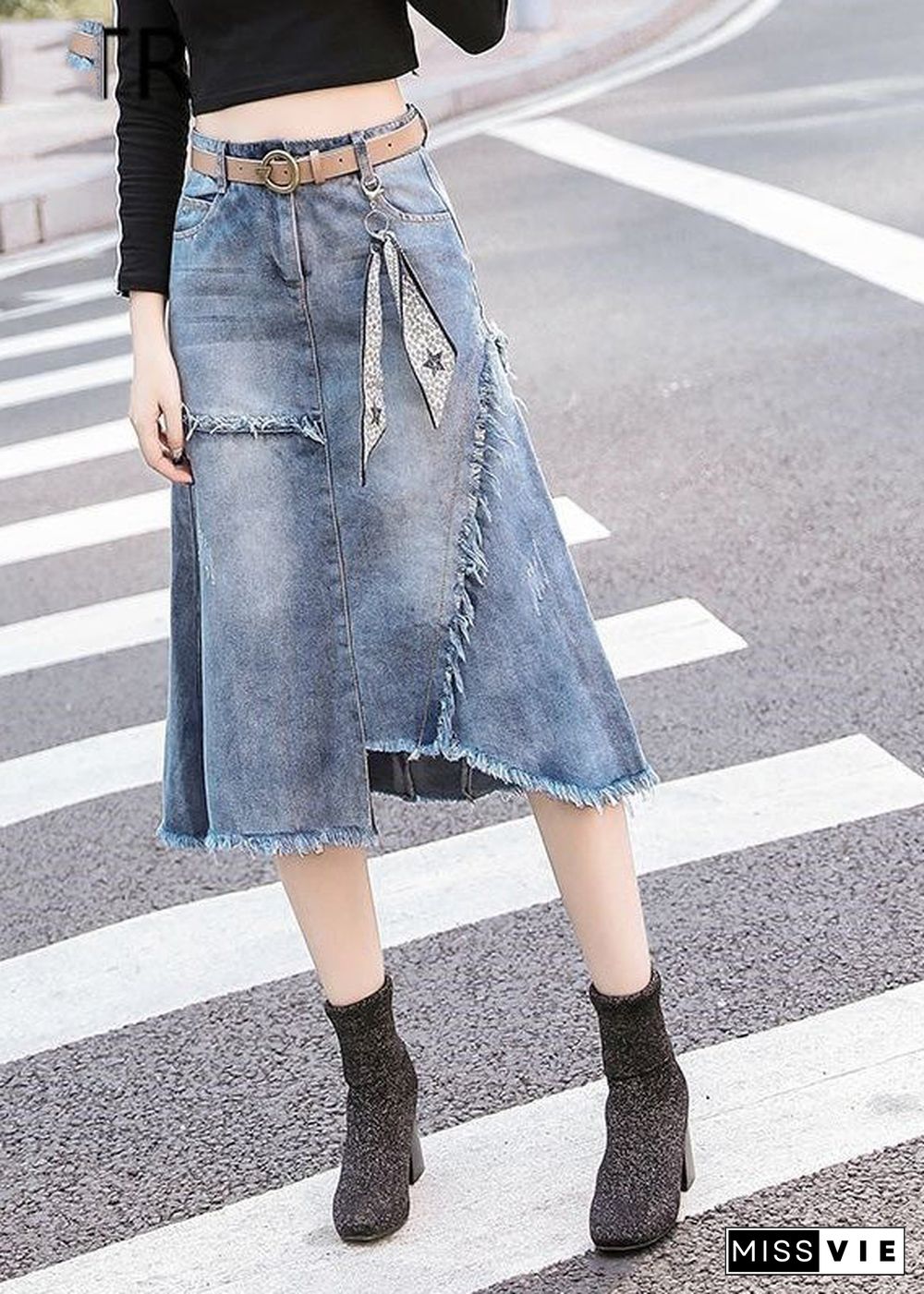 Art Light Blue Asymmetrical Patchwork High Waist Denim Skirt Summer