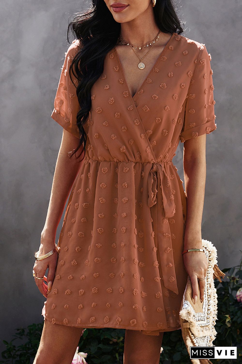 Solid V Neck Short Sleeve Dress Wholesale