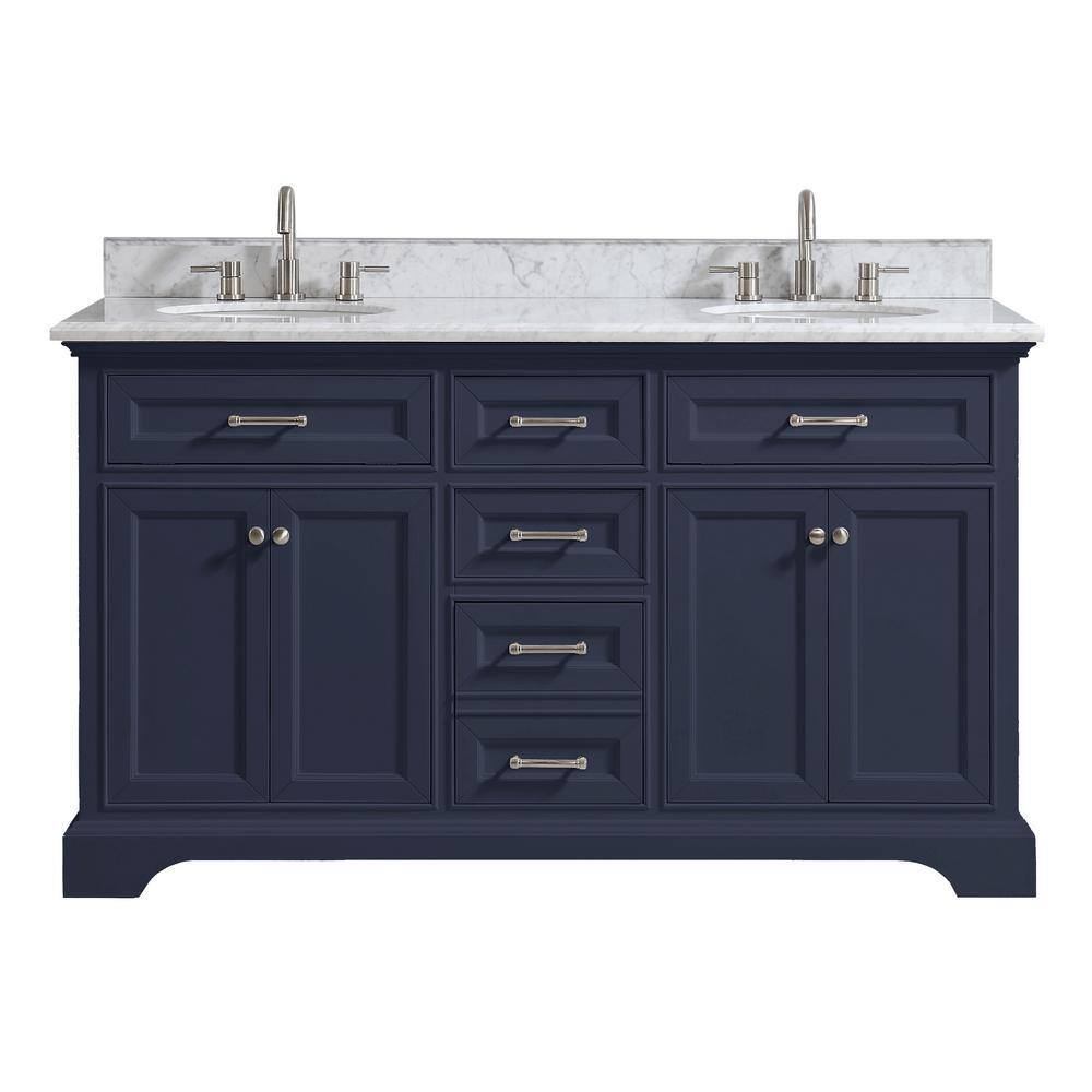 Home Decorators Collection Windlowe 61 in. W x 22 in. D x 35 in. H Freestanding Bath Vanity in Navy Blue with Carrara White Marble Marble Top 15101-VS61C-NB