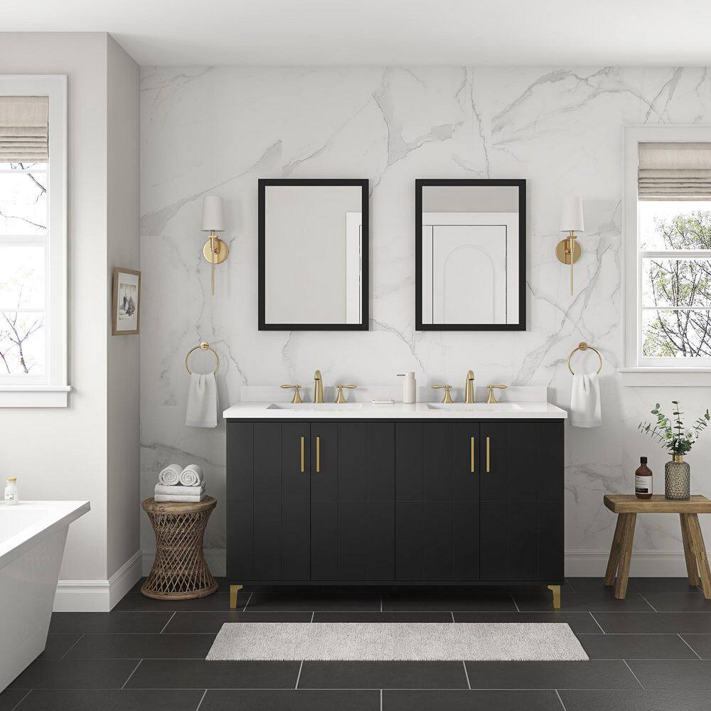 OVE Decors Zenia 60 in. W x 22 in. D x 34.5 in. H Bath Vanity in Black with White Engineered Marble Top 15VVA-FREY60-00