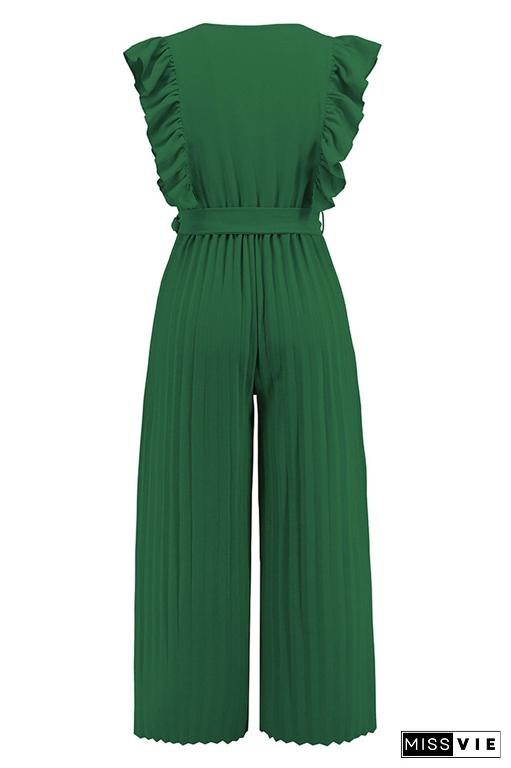 Sleeveless V Neck Ruffle Pleated Wide Leg Jumpsuit