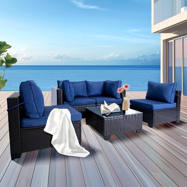 5 Pieces AllWeather PE Wicker Conversation Set with Navy Blue Cushions and Glass Table