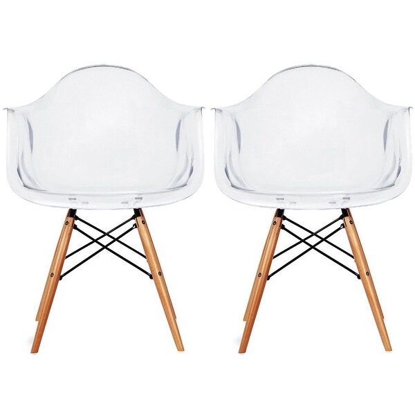 2xhome - Set of 2 Clear Modern Designer Acrylic Plastic Chair With Arms Dining Natural Wood Office Home