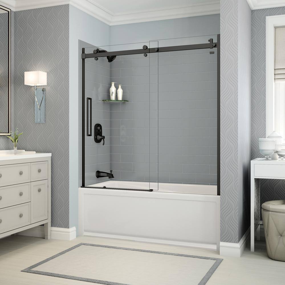 MAAX Utile Metro 32 in. x 60 in. x 81 in. Bath and Shower Combo in Ash Grey with New Town Left Drain Halo Door Matte Black 106915-301-501-103