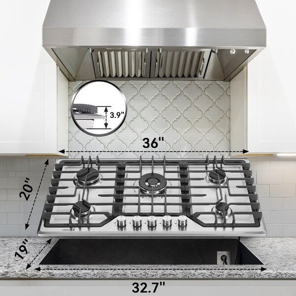 36 in. Stainless Steel Gas Cooktop，NG/LPG Convertible Gas Burners，5 Burners Gas Stovetop with grill pan.