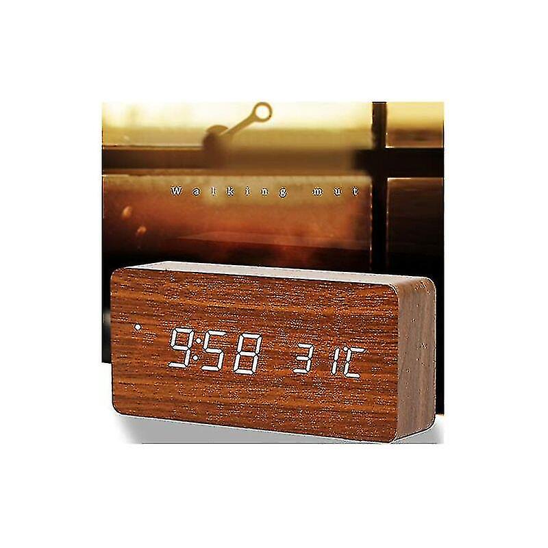 Modern Wooden Alarm Clock - Led Digital Wooden Alarm Clock Desktop Date Temperature Humidity Display 12/24 Hour -