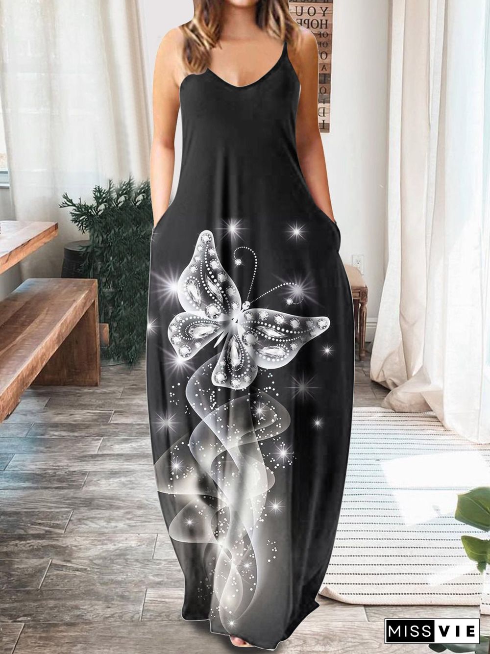 Women'S Dresses Printed V-Neck Sling Pocket Sleeveless Dress