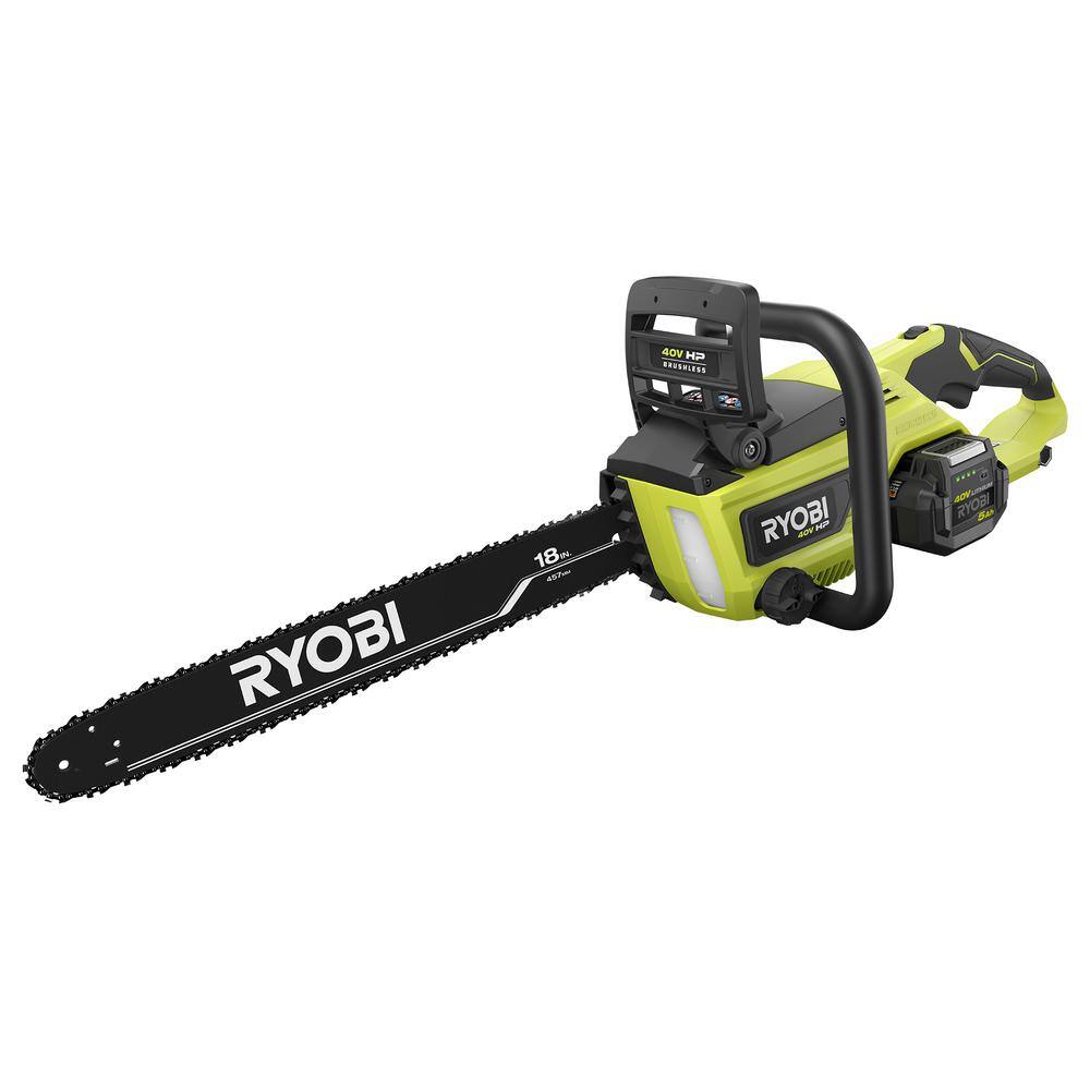 RYOBI 40V HP Brushless 18 in. Cordless Battery Chainsaw and 10 in. Cordless Battery Pole Saw with 5.0 Ah Battery and Charger RY40580-PS