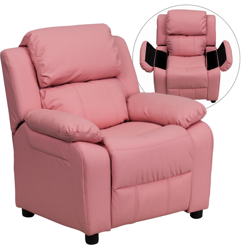 Deluxe Padded Contemporary Pink Vinyl Kids Recliner With Storage Arms   Contemporary   Recliner Chairs   by clickhere2shop  Houzz