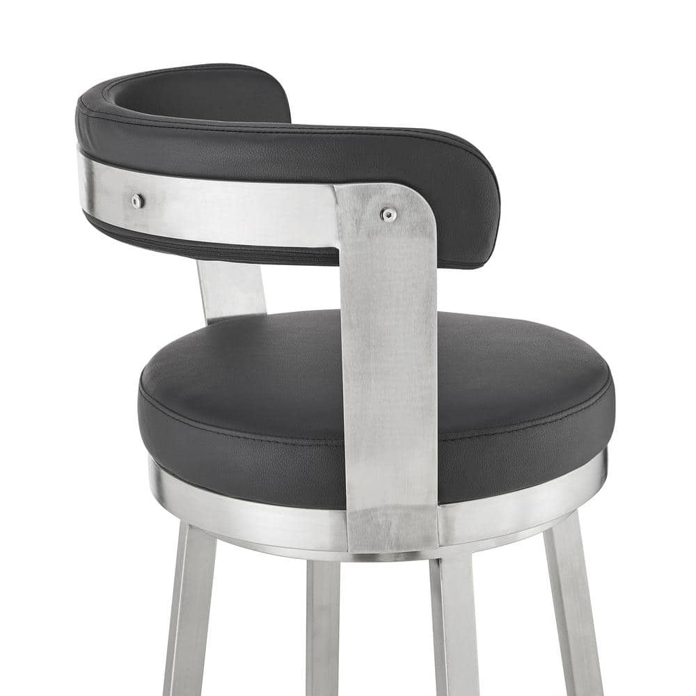 Armen Living Kobe 30 in. Bar Height Low Back Swivel Bar Stool in Brushed Stainless Steel and Black Faux Leather 721535761791