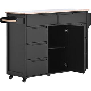 Runesay Black Rubberwood Countertop 53.1 in. W Kitchen Island Cart with 8 Handle-Free Drawers and Flatware Organizer KIBK-2282