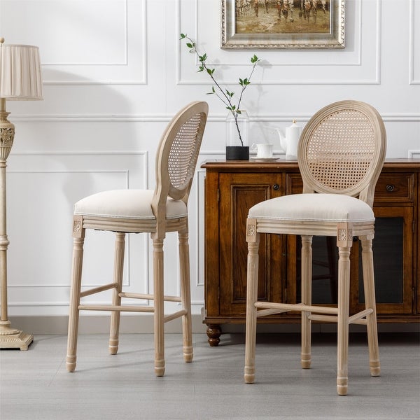 French Wooden Upholstered Barstools With Rattan Back ， Set of 2