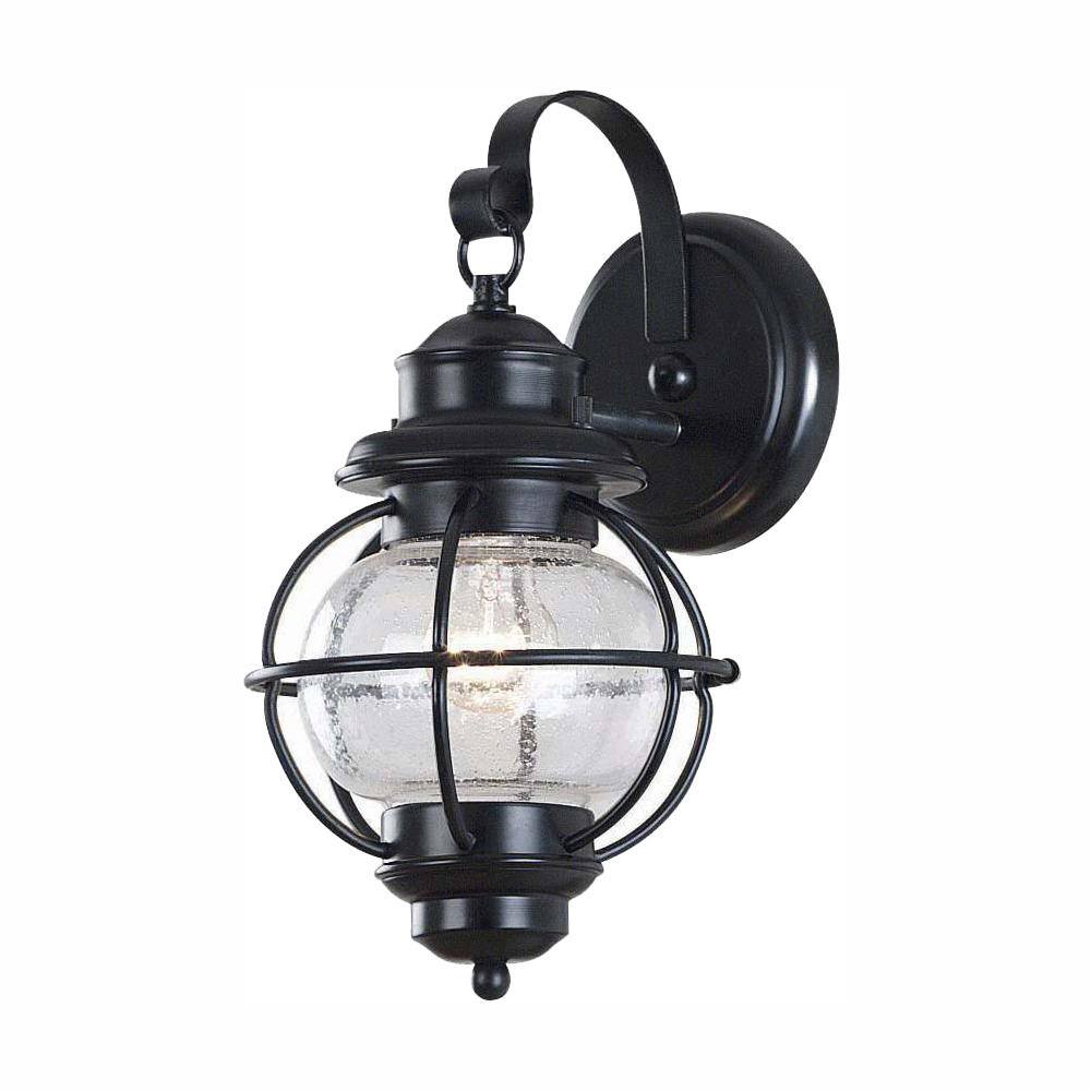 Home Decorators Collection Greer 1-Light Black Exterior Wall Lantern Sconce with Caged Seeded Glass HDP13669