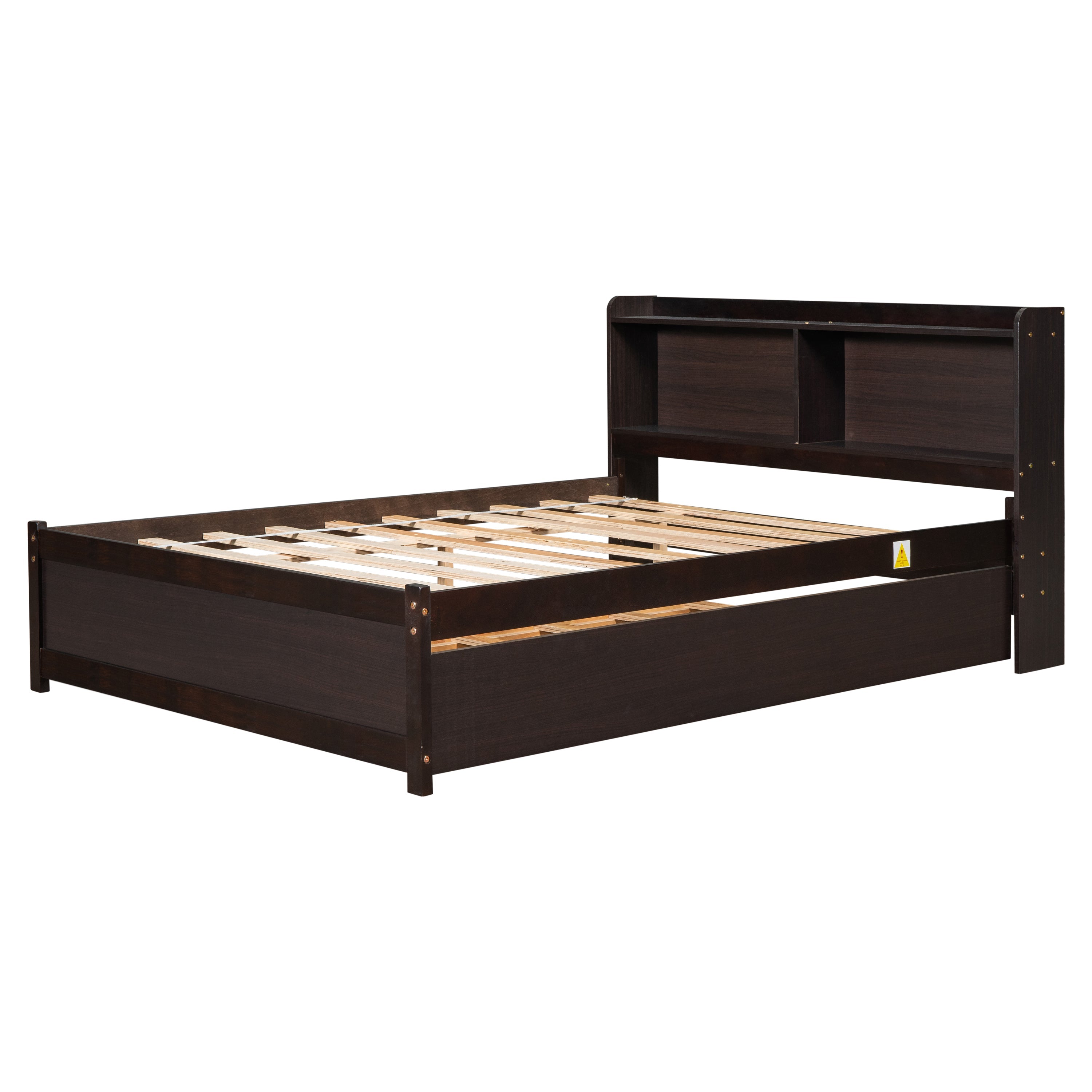 Full Bed Frame with Trundle Included, BTMWAY Wood Platform Bed with Storage Bookcase and Headboard, No Box Spring Needed, Full Size Bed Frame for Kids Boys Girls Teens, 85''x57.5''x36.7'', Espresso