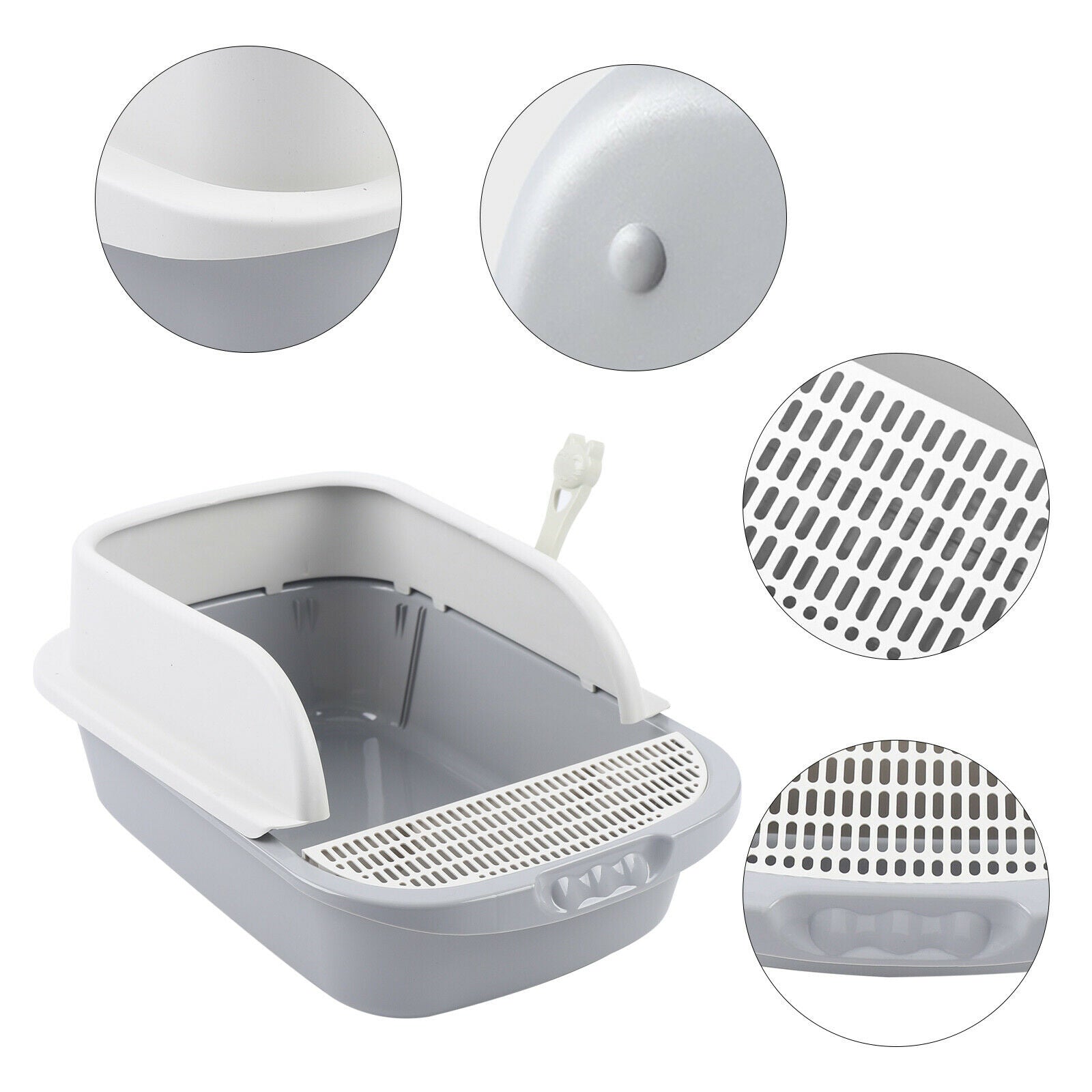 Semi-Enclosed Cat Toilet Kitty Litter Box Cleaning Tool Anti Splashing Hollow Out Pedal Leak Holes Evenly Distributed High Quality Plastic Gray