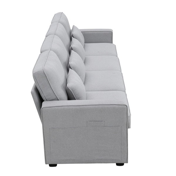 4-Seater Modern Linen Fabric Sofa with Armrest Pockets and 4 Pillows