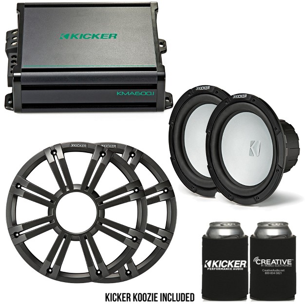 Kicker Two 10 Inch Led Marine Subwoofers In Charcoal 1 Pair With 600 Watt Amplifier Bundle