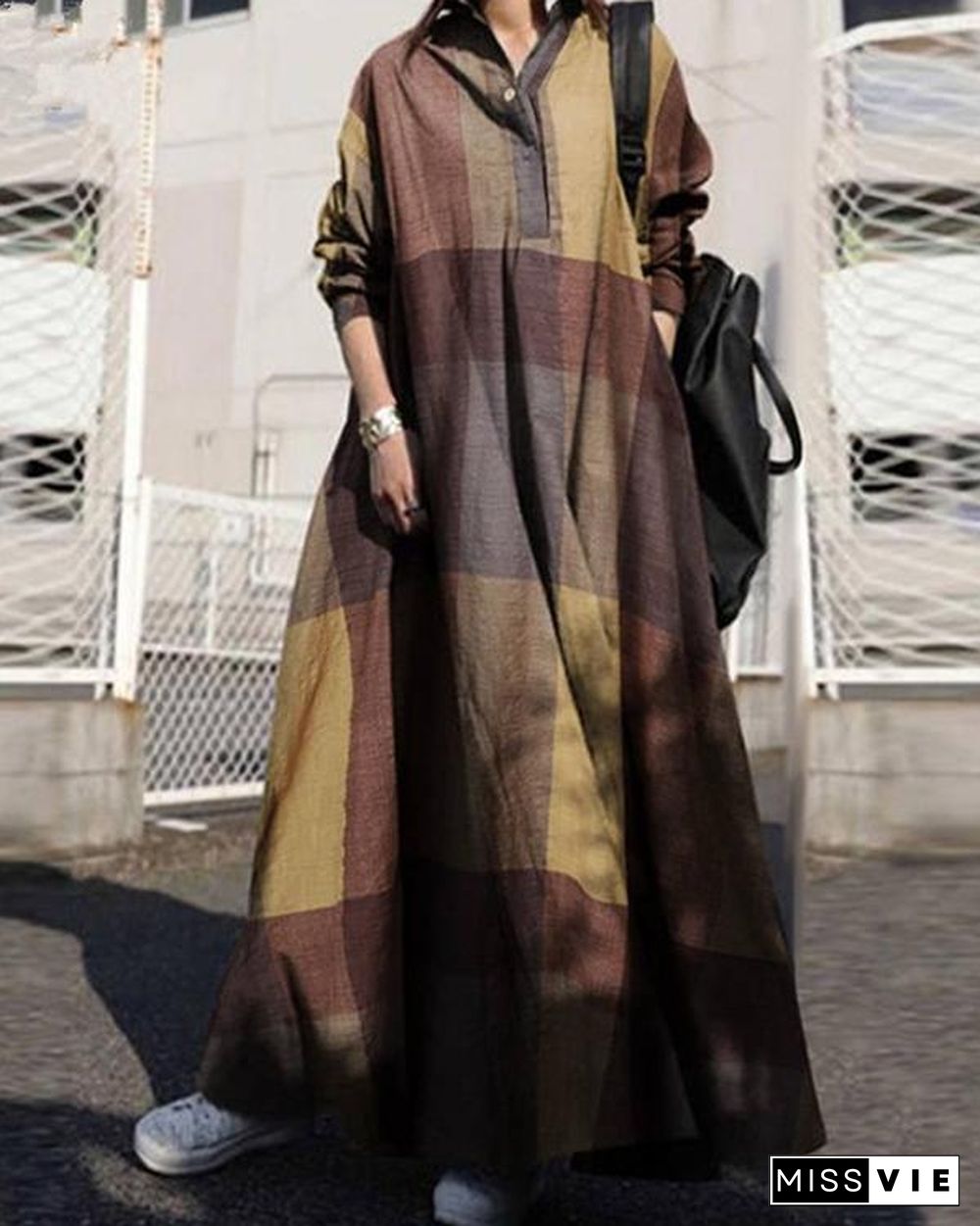 Shirt Collar Loose Fit Big Hem Long Sleeve Maxi Dress