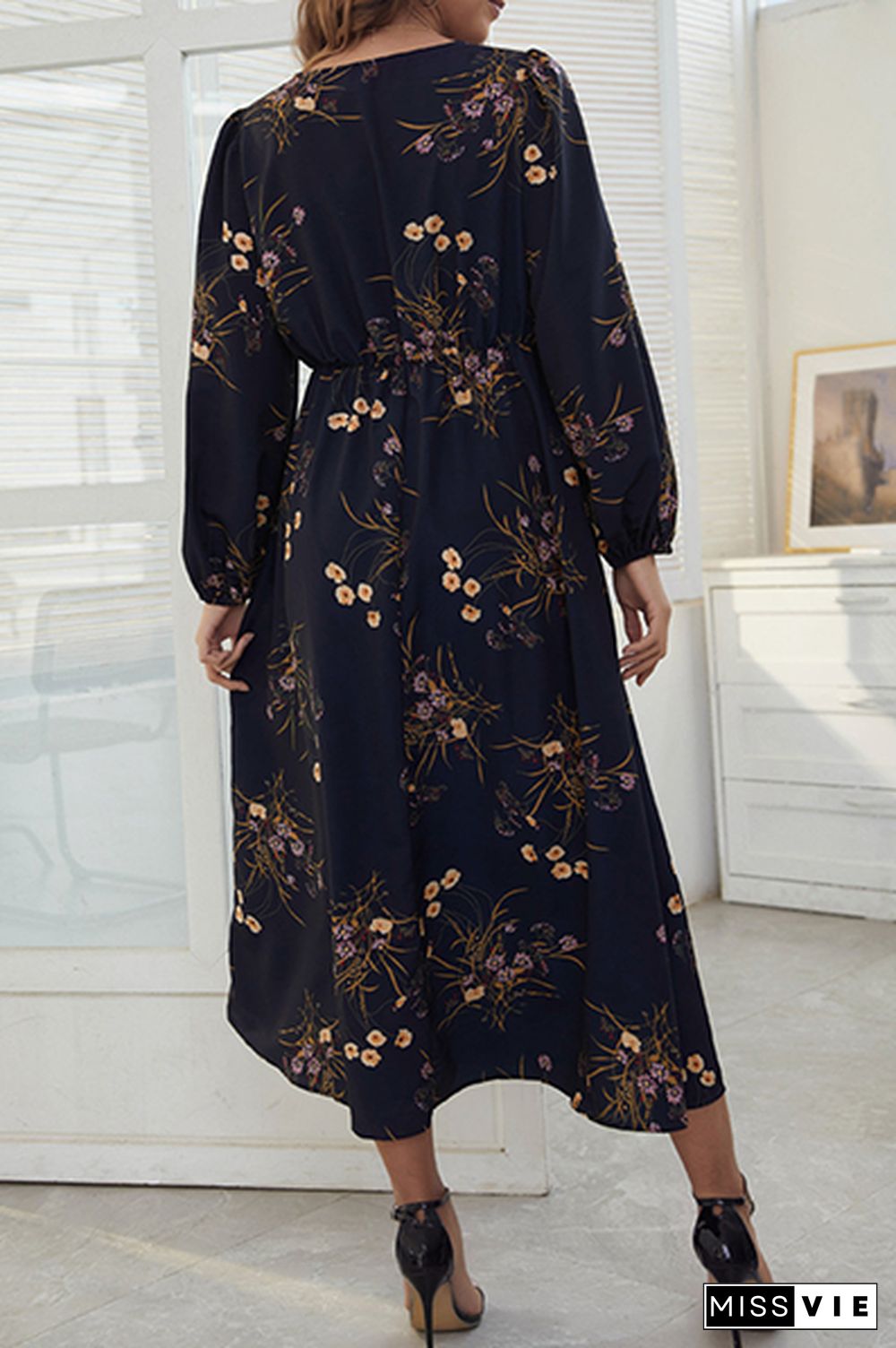 Elegant Floral Split Joint Fold V Neck A Line Dresses