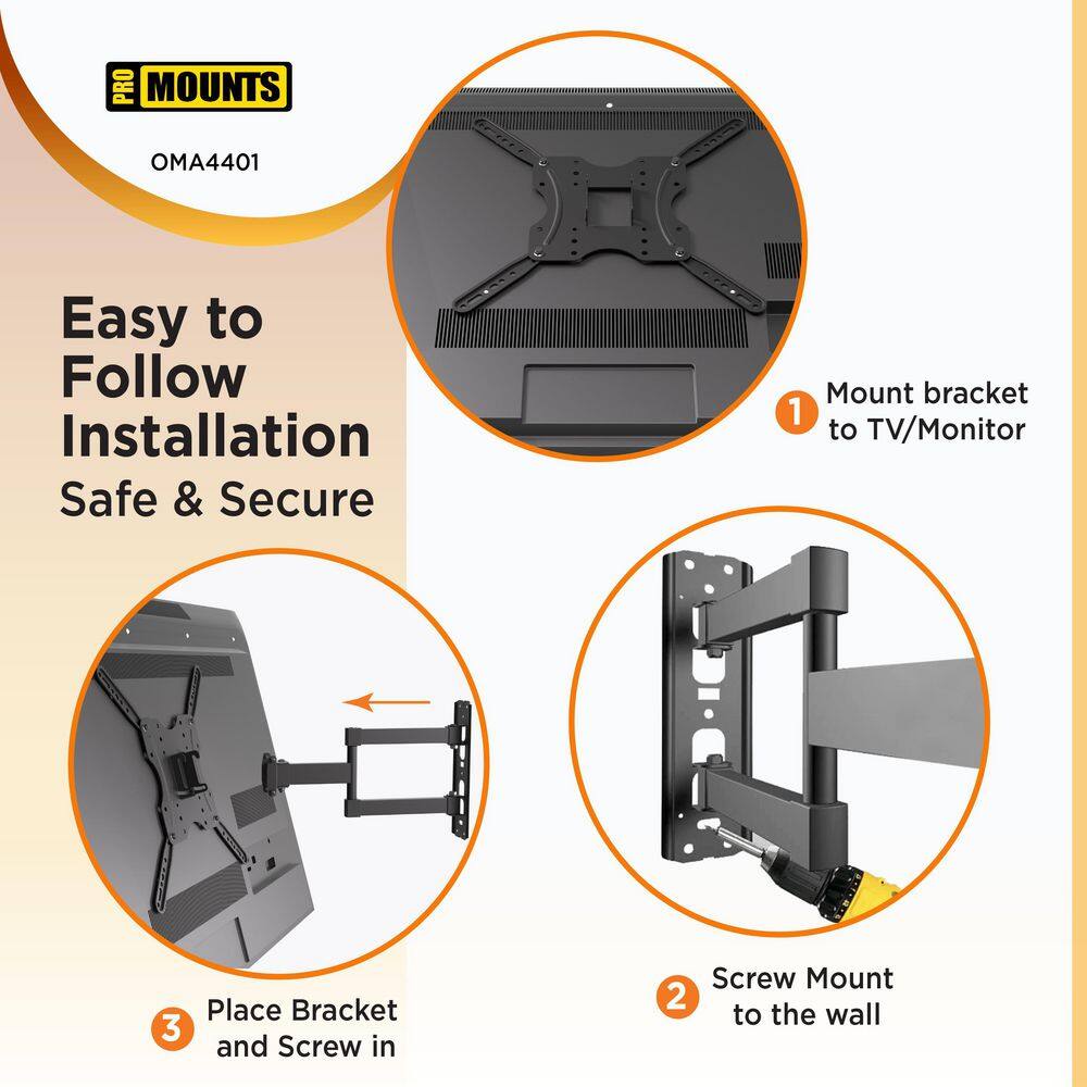 ProMounts Articulating Extending Wall TV Mount for 23-55'' TVs up to 88lbs Fully Assembled Easy Install Low Profile TV Brackets OMA4401