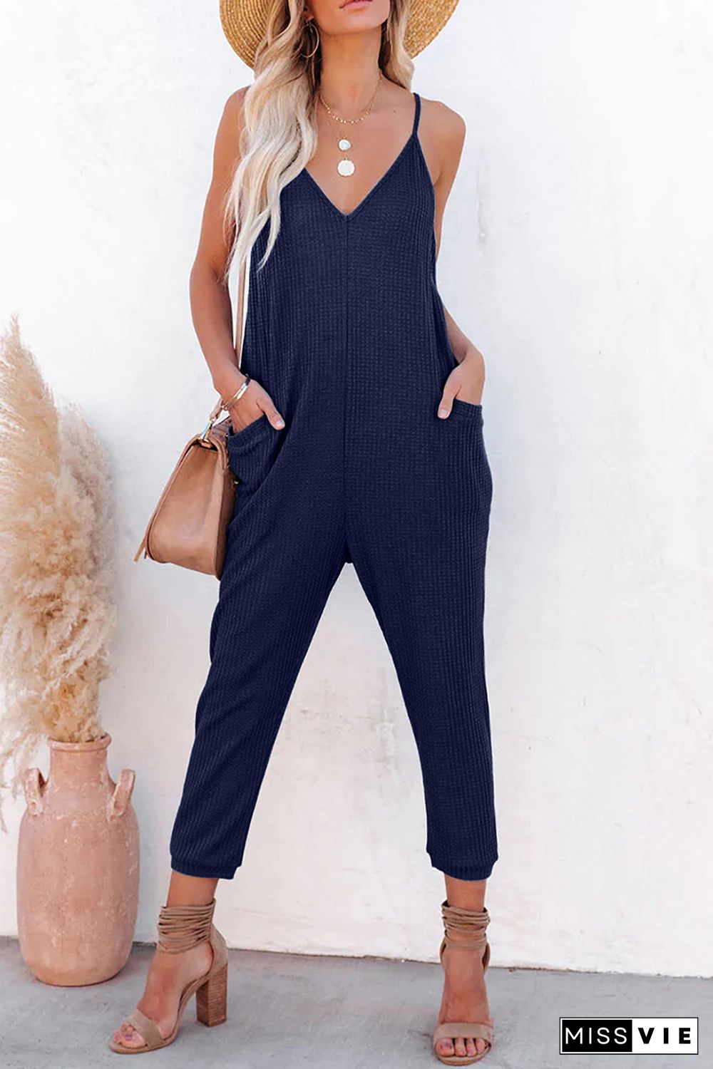 Blue Textured Sleeveless V-Neck Pocketed Casual Jumpsuit