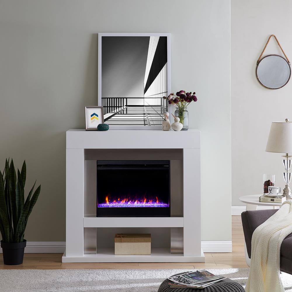 Southern Enterprises Allianne Color Changing 44 in. Electric Fireplace in White with Stainless Steel HD013657