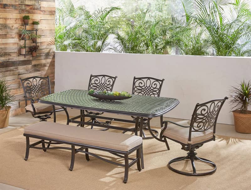 Hanover Traditions 6-Piece Outdoor Dining Set In Tan/Cast With 4 Swivel Rockers， Backless Bench， 38and#215;72 Cast Table