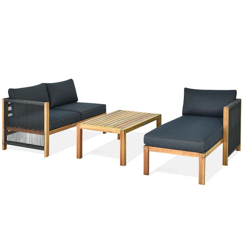 3 Pcs Acacia Wood Patio Conversation Set with Nylon Rope Armrest, L Shape Outdoor Furniture Set